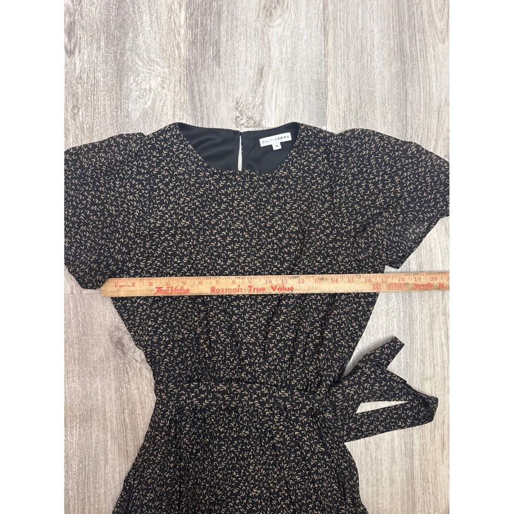 Baltic Born Prim Pleated Dress Black Tan Leaf Print  Short Flutter Sleeve Small - Picture 9 of 9